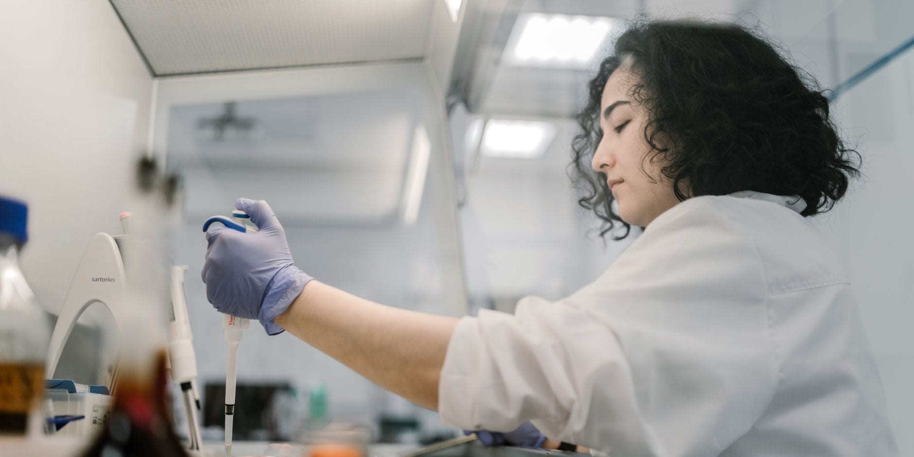 A researcher in a lab coat and gloves drawing a sample with a pipette over petri dishes at a laboratory bench