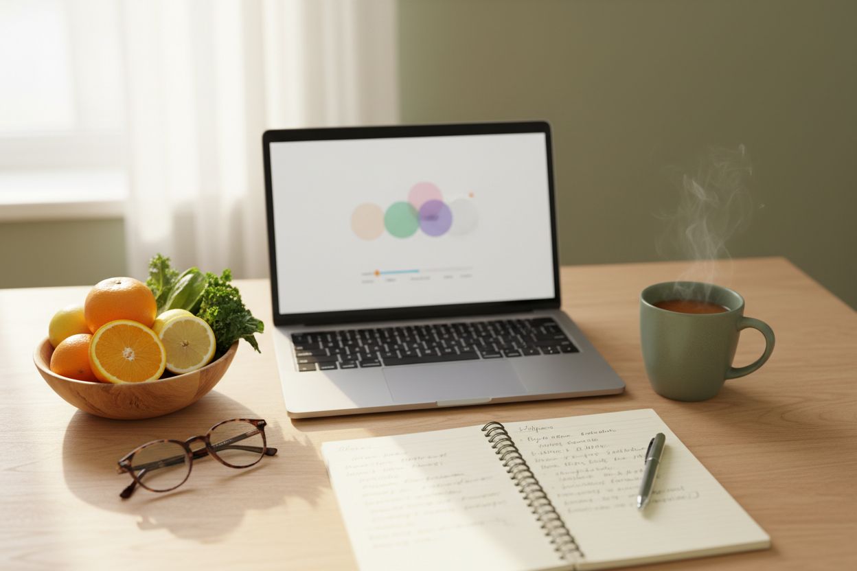 A home study desk with an open laptop, a spiral notebook, a mug of tea and a wooden bowl of oranges and leafy greens in morning light