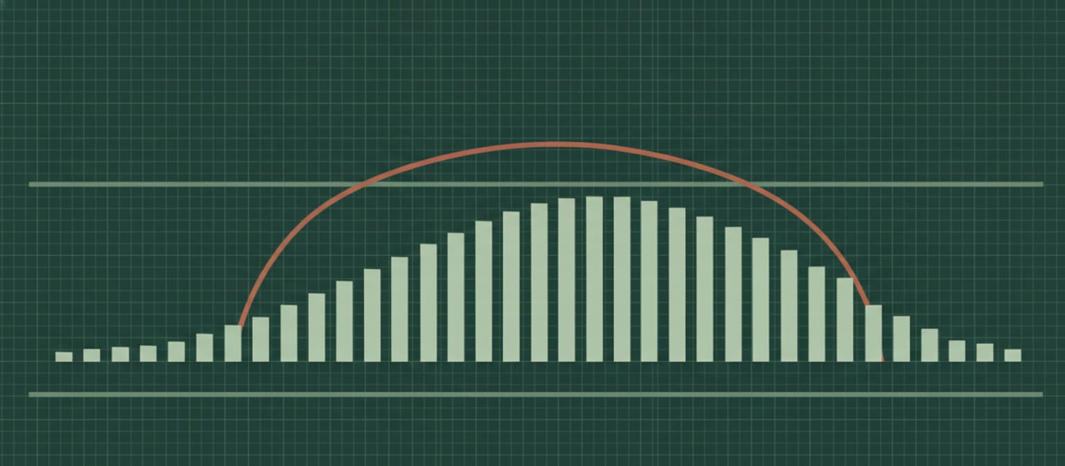 An abstract chart motif on dark graph paper: pale bars rise from short at the left to a broad plateau in the middle and taper away at the right, with a single clay-coloured curve drawn over their tops, standing for the shape of the wage distribution set out on this page